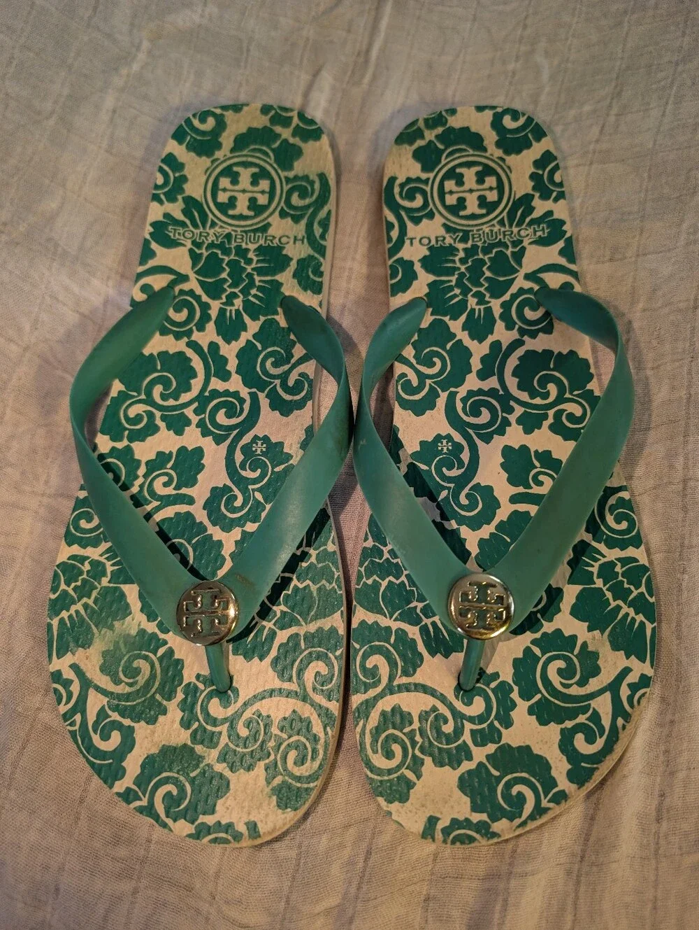 Tory Burch Logo Teal & Cream Rubber  Flip Flops Shoes sz 9-10 Cute Logo